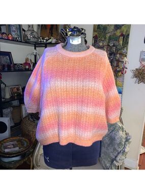Women's PIECES Pink Orange Striped Crew Neck Sweater XL